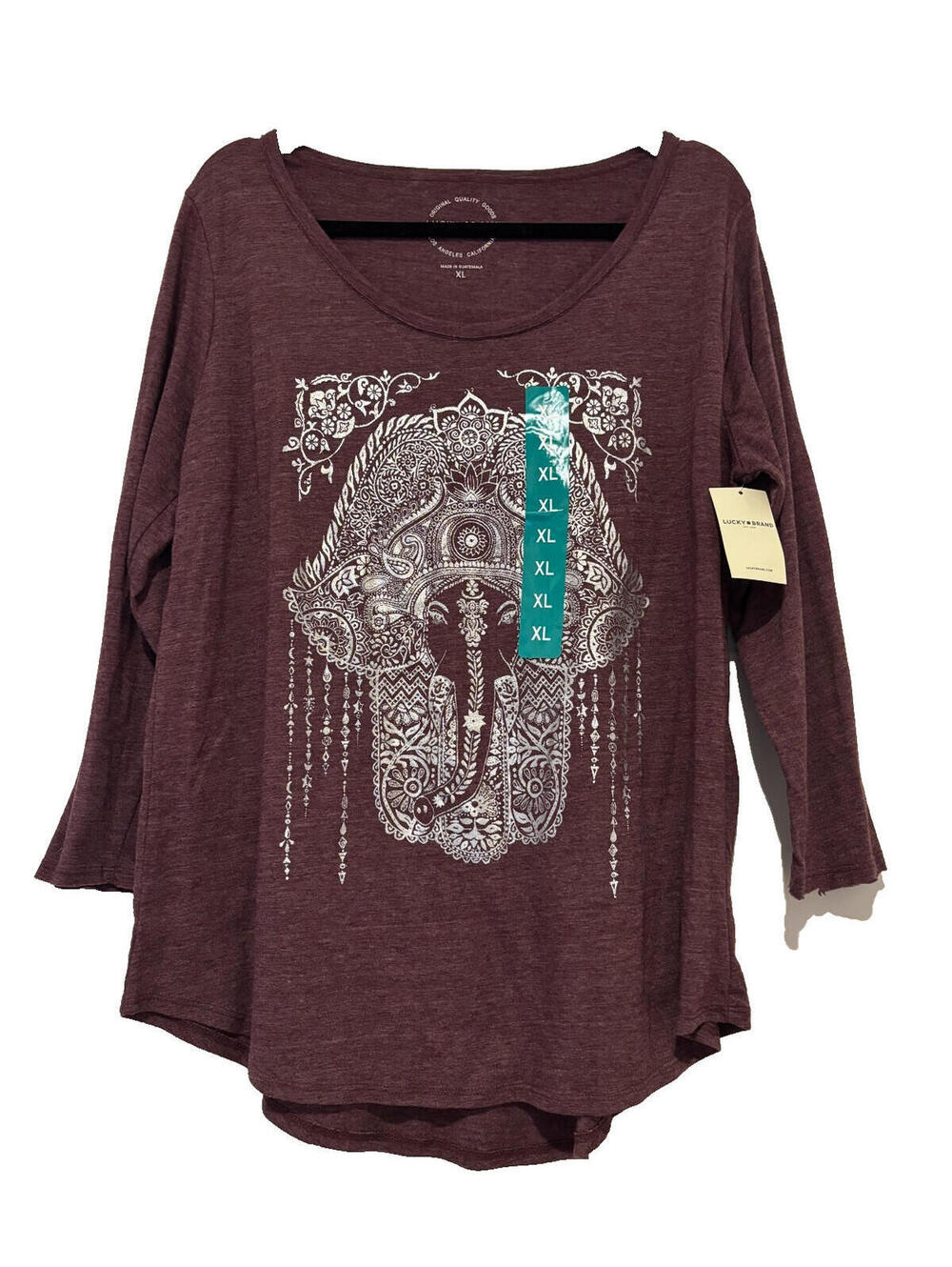 Lucky Brand sz XL maroon boho elephant long sleeve cotton blend shirt FF new